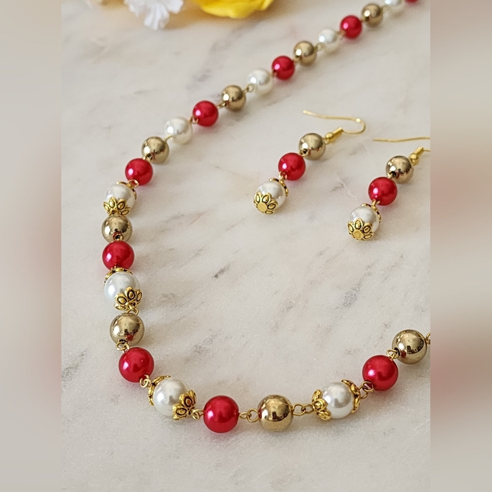 Red/Gold Beaded Mala Necklace Set